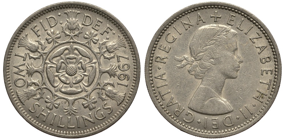 Великобритания 2 шиллинга (флорин) 1967 Елизавета II (1952-2022) KM 906 Spink 4146 медно-никель VG 4185-644