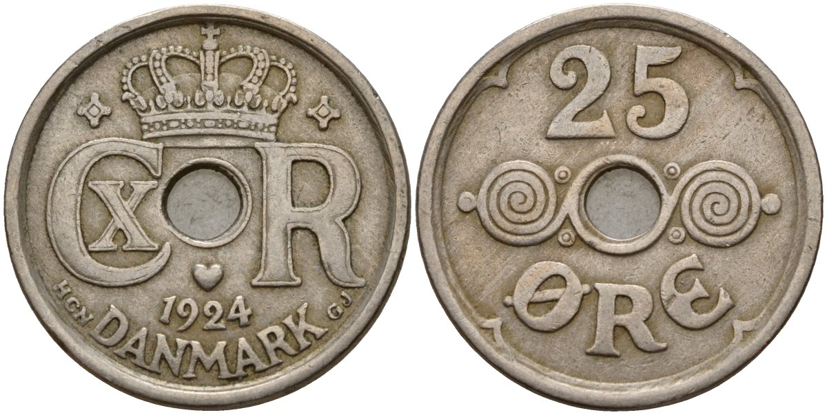 Дания 25 эре 1924 NCN; GJ Кристиан X (1912-1947) KM 823.1 медно-никель 4187-857