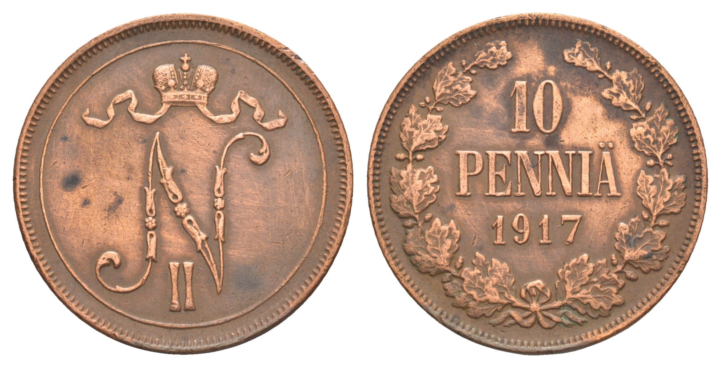 Россия для Финляндии 10 пенни 1917 Николай II (1894-1917) Биткин 440 медь 1530-732