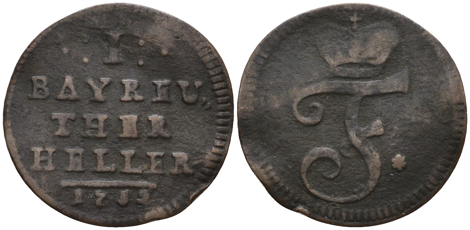 Бранденбург-Байрейт 1 геллер 1752 Фридрих III (1735-1763) KM 205, Slg. Wilmersdoorffer 784 медь 54-648