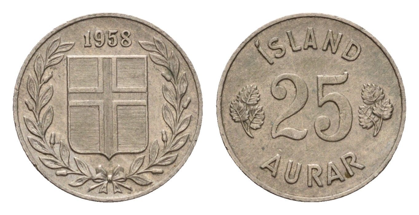 Исландия 25 эйре 1958 KM 11 медно-никель 4690-612