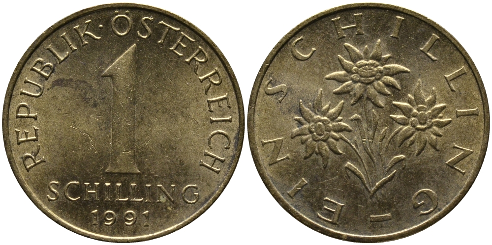 АВСТРИЯ 1 ШИЛЛИНГ 1991 KM 2886 алюминиевая бронза 33-545