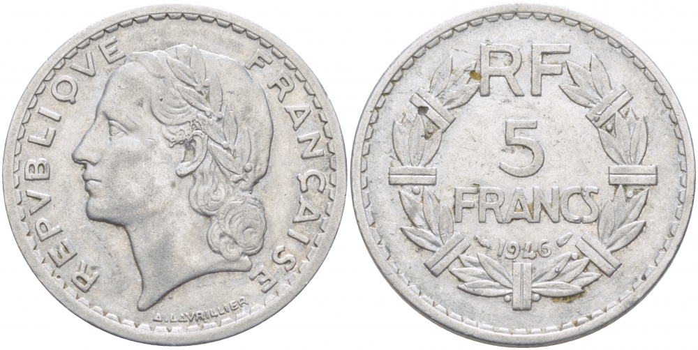 ФРАНЦИЯ 5 ФРАНКОВ 1946 KM 888b.1 алюминий 4403-216