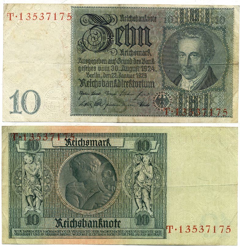 Германия 10 рейхсмарок 1929 Альбрехт Д. Тэер, буква E, серия A Pick 180a, Ros. 173е  бумага   7203-29-2-1