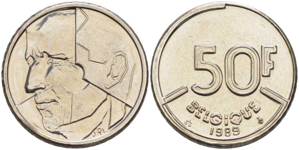 БЕЛЬГИЯ 50 ФРАНКОВ 1989 BELGIQUE, БОДУЭН I (1951-1993) KM 168 никель 4398-742