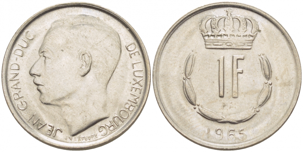 ЛЮКСЕМБУРГ 1 ФРАНК 1965 ПЕРВЫЙ ГОД KM 55 медно-никель UNC 77-837