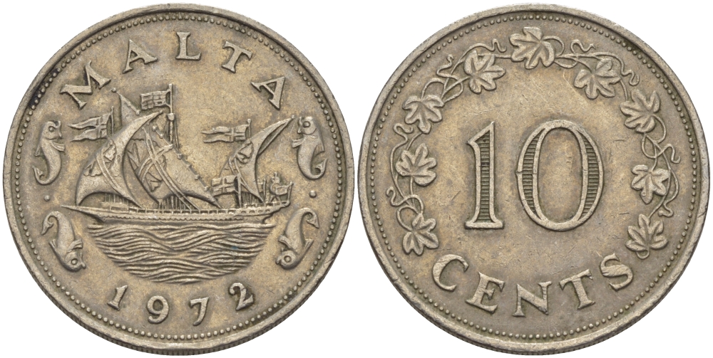Мальта 10 центов 1972 баржа Великого магистра KM 11 медно-никель 82-412