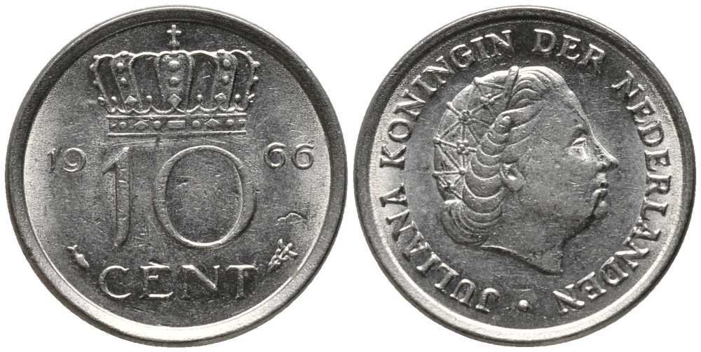 НИДЕРЛАНДЫ 10 ЦЕНТОВ 1966 ЮЛИАНА KM 182 никель 112-731