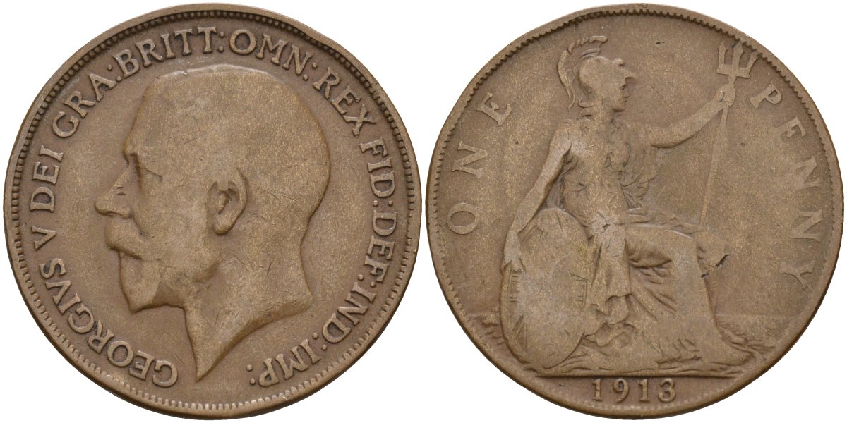 Великобритания 1 пенни 1913 Георг V (1910-1936) KM 810, Spink 4051 бронза 4144-441