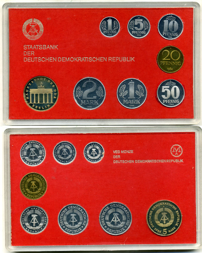 ГДР НАБОР ИЗ 8 МОНЕТ 1984 В ОРИГИНАЛЬНОЙ ПЛАСТИКОВОЙ УПАКОВКЕ, 5 МАРОК БРАНДЕНБУРГСКИЕ ВОРОТА PROOF 6-1-29