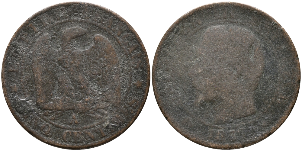 ФРАНЦИЯ 5 САНТИМОВ 1865 А, НАПОЛЕОН III (1852-1870) KM 797.1, LE FRANC 117.14 бронза 28-913