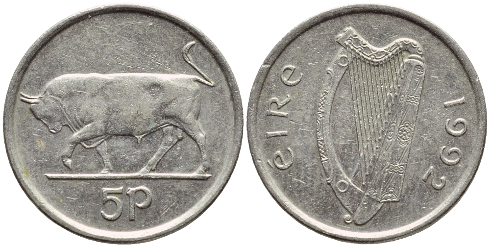 ИРЛАНДИЯ 5 ПЕНСОВ 1992 БЫК KM 28 медно-никель 4396-516