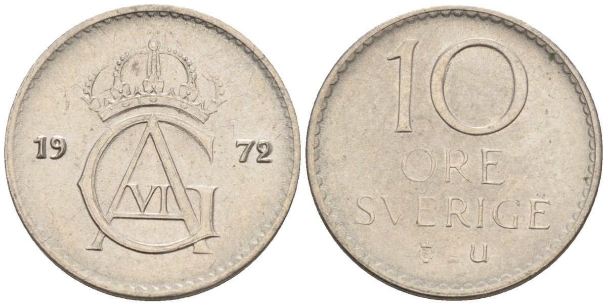 Швеция 10 эре 1972 Густав VI Адольф (1950-1973) KM 835 медно-никель UNC 4585-423
