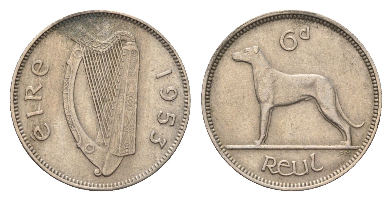 Ирландия 6 пенсов 1953 собака, ирландский волкодав KM 13a медно-никель 4690-333