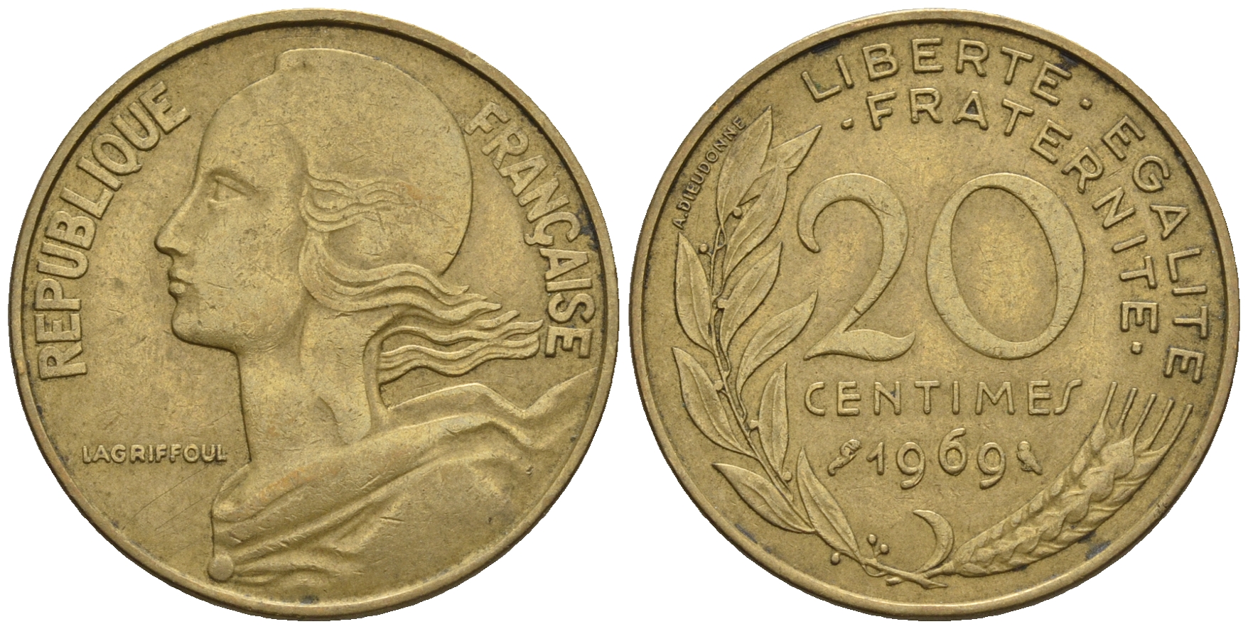 Франция 20 сантимов 1969 тип Marianne KM 930 медь алюминий никель 85-116