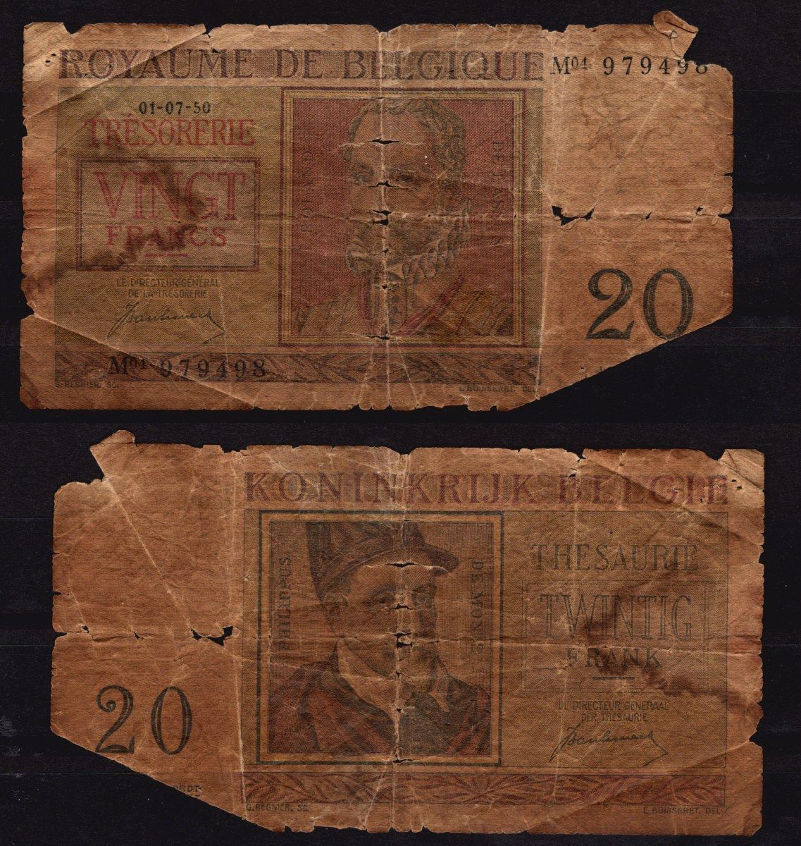 Бельгия 20 франков 1950-1956 Роланд де Лассю, Филипп де Монте Pick 132 a бумага 6289-47-2-2