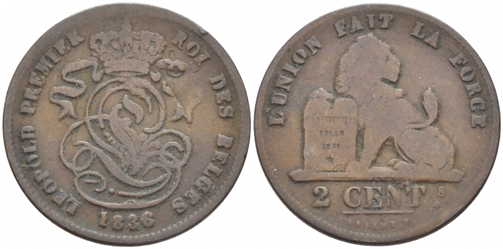 БЕЛЬГИЯ 2 САНТИМА 1836 BELGES KM 4.2 медь 4448-644