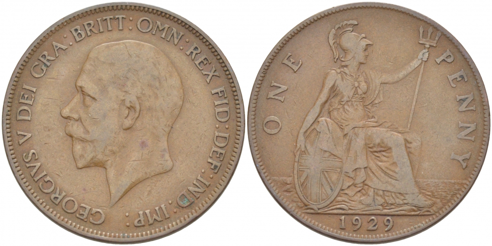 Великобритания 1 пенни 1929 Георг V (1910-1936) KM 838, Spink 4055 бронза 4403-643