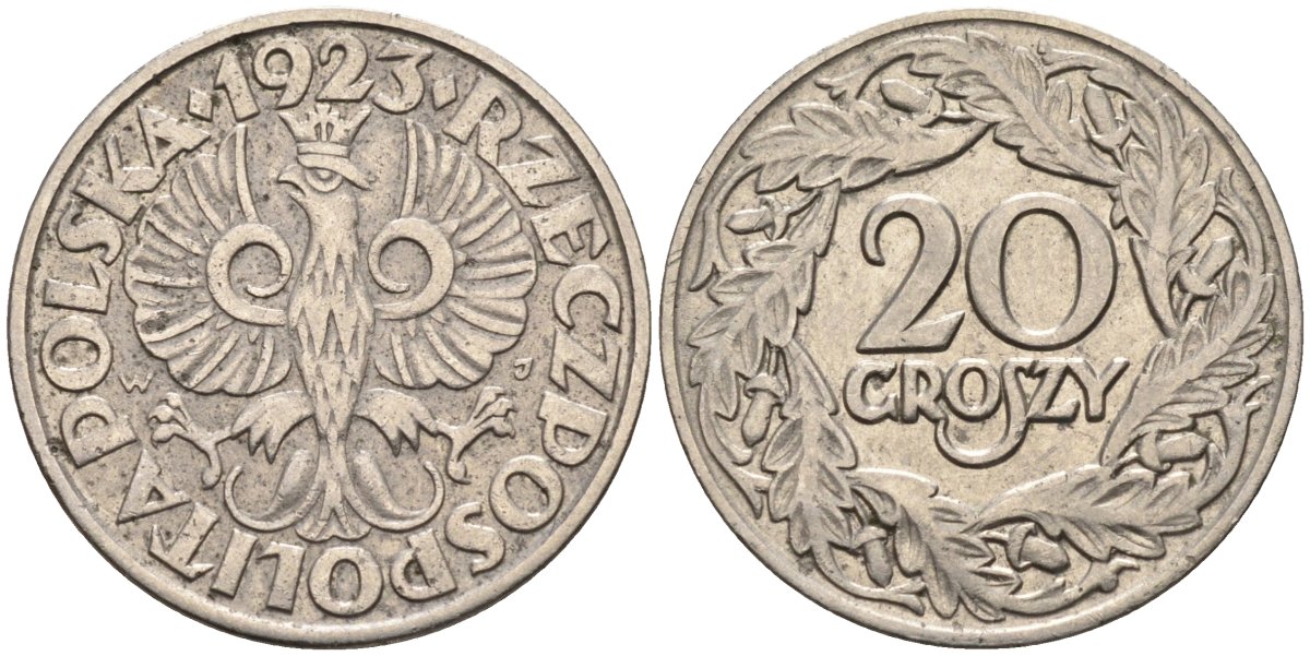 Польша 20 грошей 1923 Республика KM 12, Parchimowicz 105 никель 4580-641