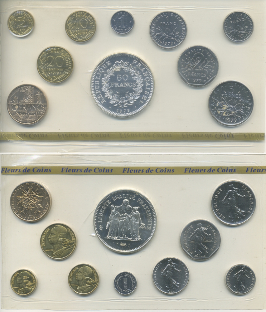 Франция набор из 10 монет 1979 включая 50 франков (серебро),  в оригинальной упаковке с сертификатом KM SS 16 серебро UNC 3-4-2-05