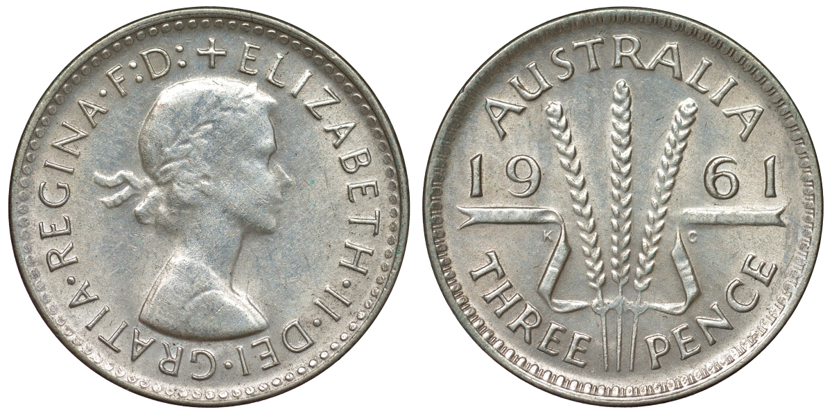 Австралия 3 пенса 1961 m, Елизавета II (1952-2022) KM 57 серебро 71-761