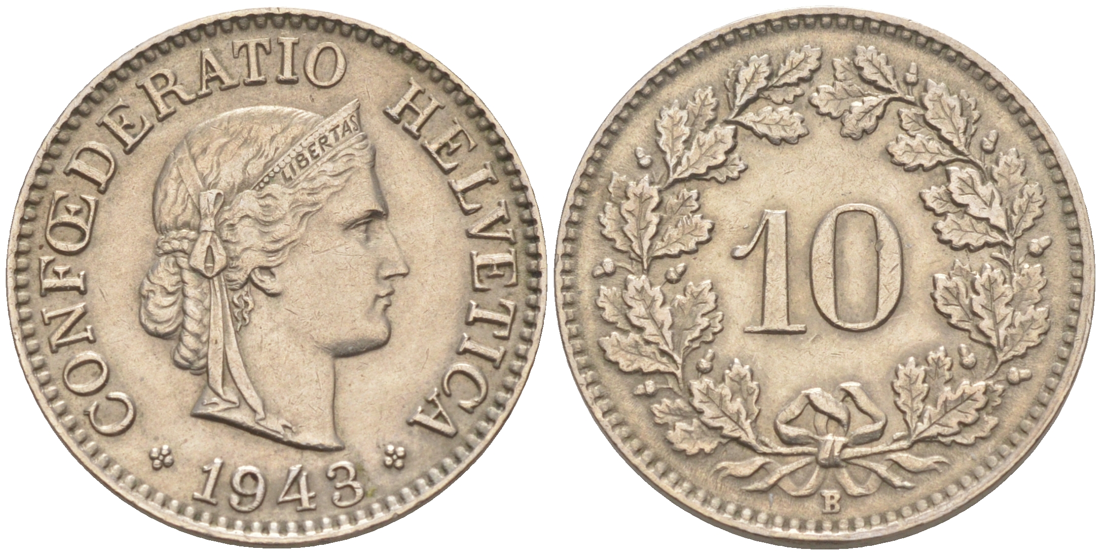 Швейцария 10 раппенов 1943 В KM 27 медно-никель 188-732