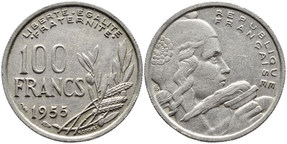 ФРАНЦИЯ 100 ФРАНКОВ 1955 KM 919.1 медно-никель 4393-1215