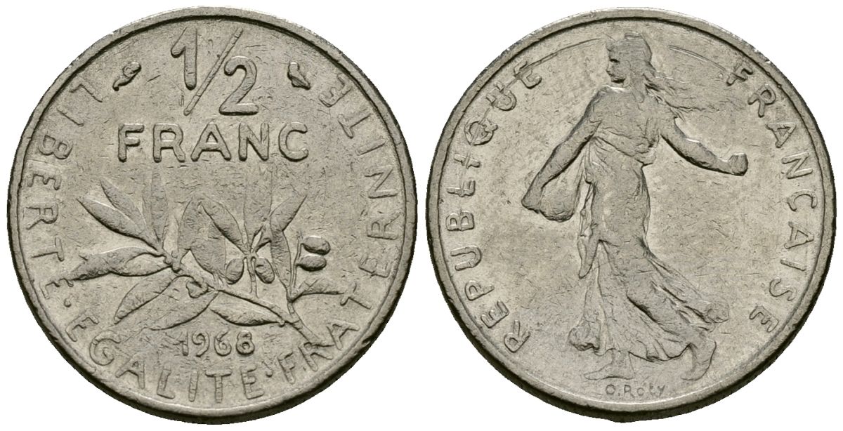 Франция 1/2 франка 1968 сеятель KM 931 никель 4135-652