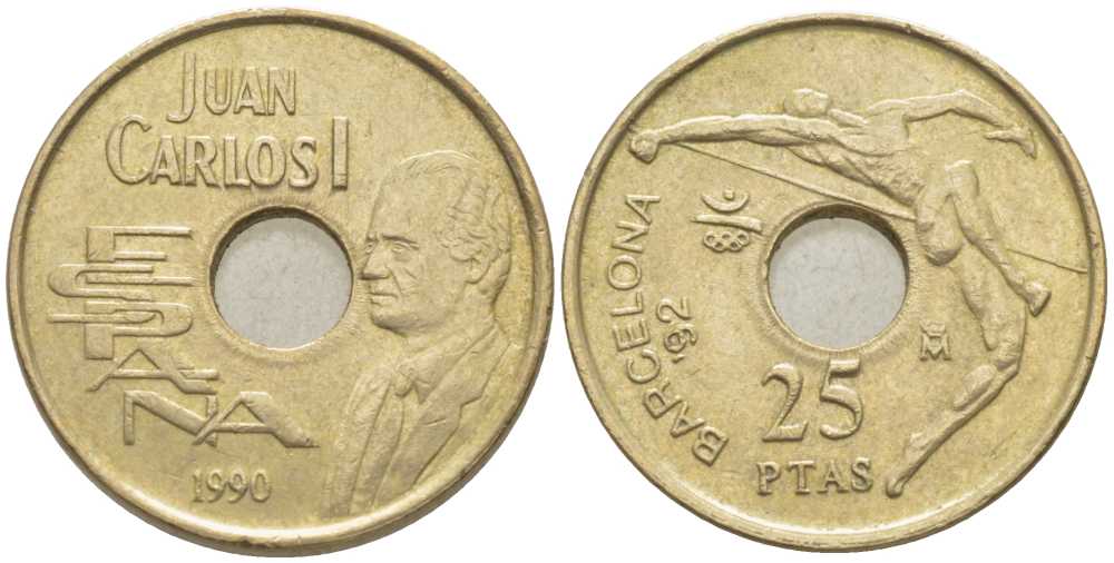 ИСПАНИЯ 25 ПЕСЕТ 1990 ОЛИМПИЙСКИЕ ИГРЫ В БАРСЕЛОНЕ 1992 ГОДА, ПРЫЖКИ В ВЫСОТУ, ХУАН КАРЛОС I (1975-) KM 851 никель бронза 117-153