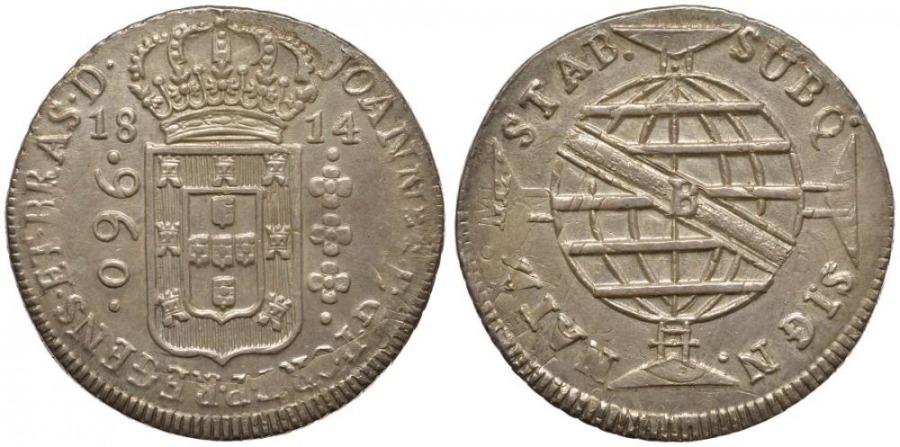 Бразилия 960 рейс 1814 В, монетный двор Бахия (Bahia), перечекан, патина, Жоао принц-регент (1799-1818) KM 307.1 серебро 00-815-17