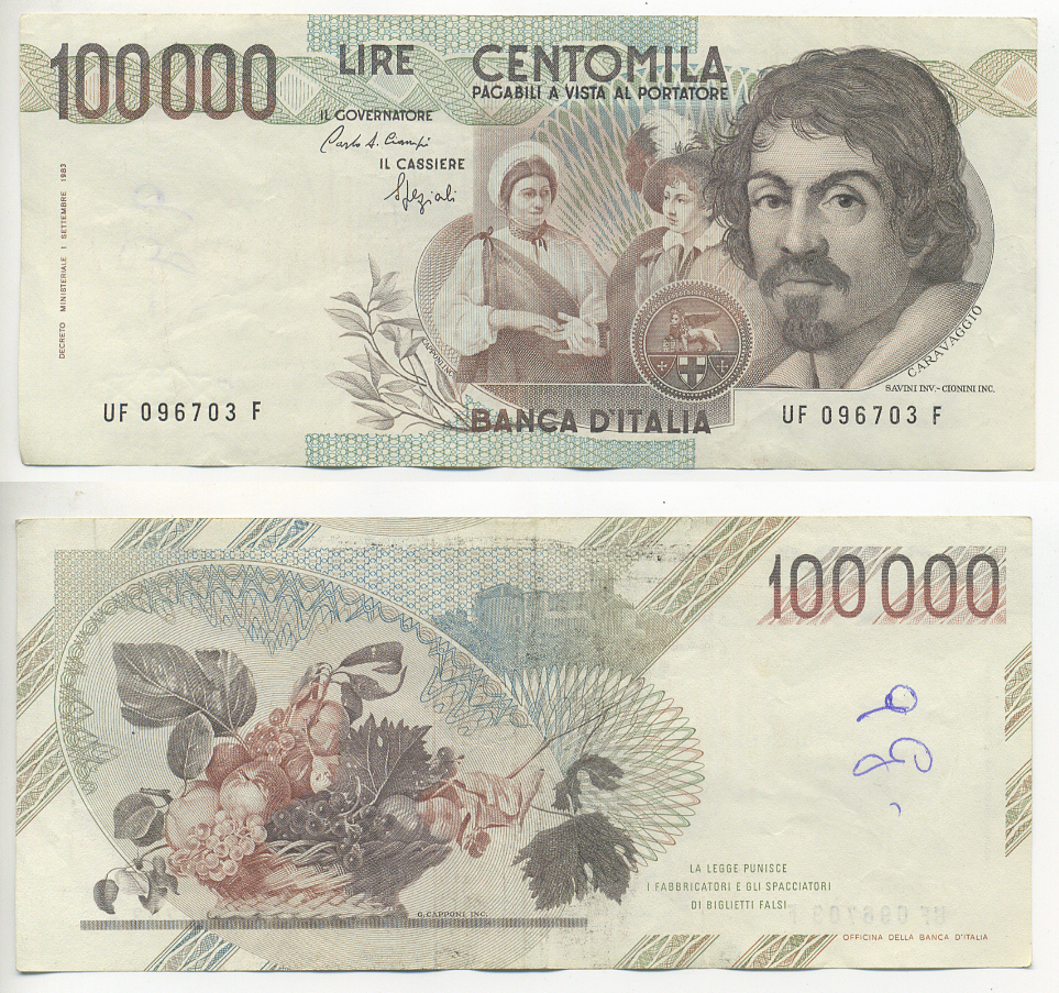 Италия 100000 лир 1983 Караваджо, фруктовый букет, подпись Speziali Pick 110b бумага 7220-16-3