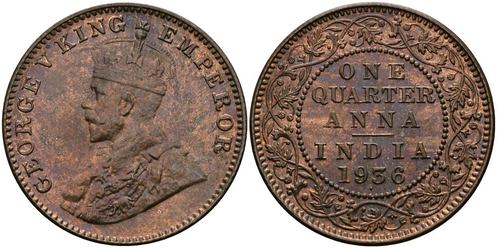 Британская Индия 1/4 анна 1936 Георг V (1910-1936) KM 512 бронза UNC 94-245