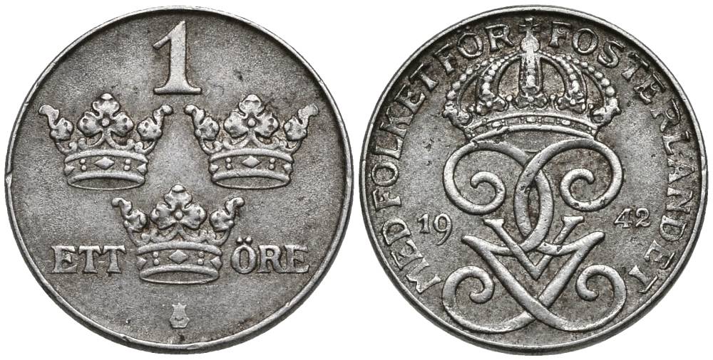 Швеция 1 эре 1942 Густав V (1907-1950) KM 810 железо 4549-1068