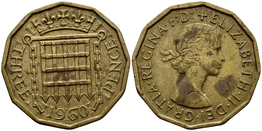 Великобритания 3 пенса 1960 Елизавета II (1952-2022) KM 900, Spink 4153 никель латунь 4393-351