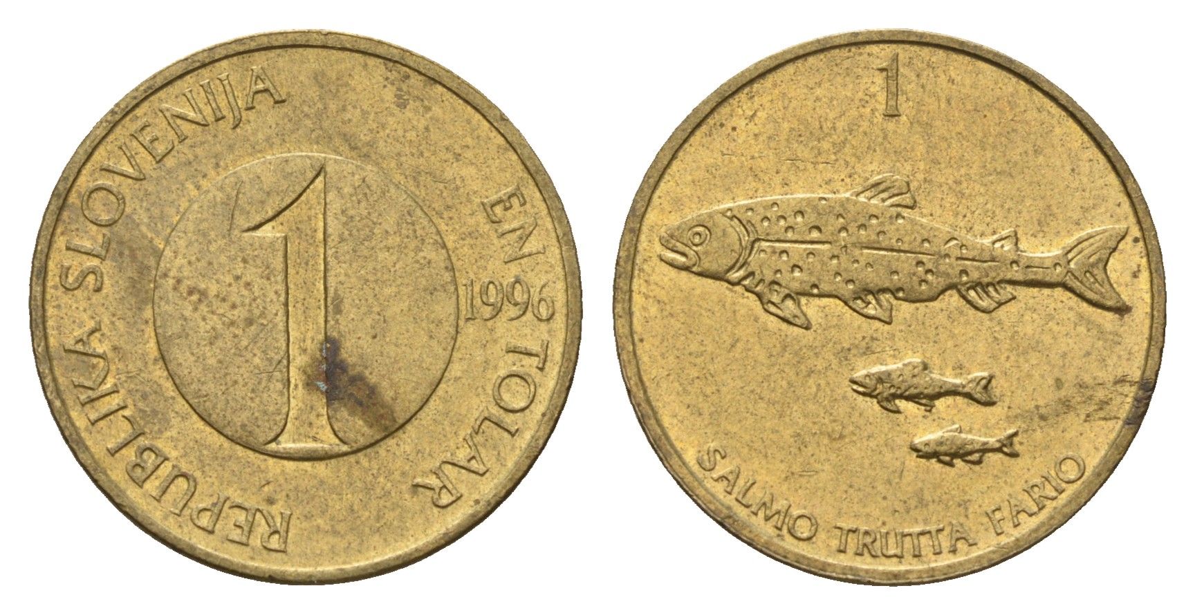 Словения 1 толар 1996 рыбы KM 4 латунь 4702-518