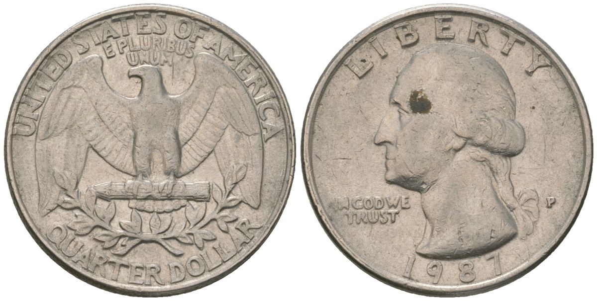 США 25 центов = квотер 1987 P, Вашингтон KM 164a медь плакированная медно-никелем 4595-1226