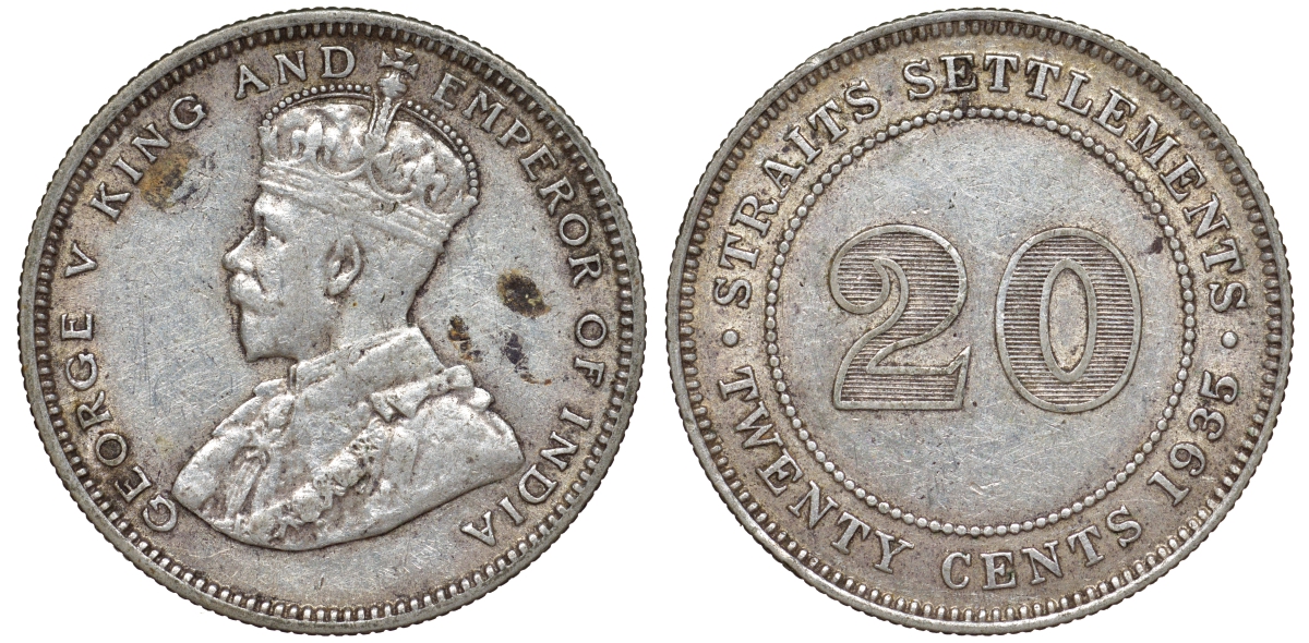 Стрейтс-Сетлментс 20 центов 1935 Георг V (1910-1936) КМ 30b серебро 53-832