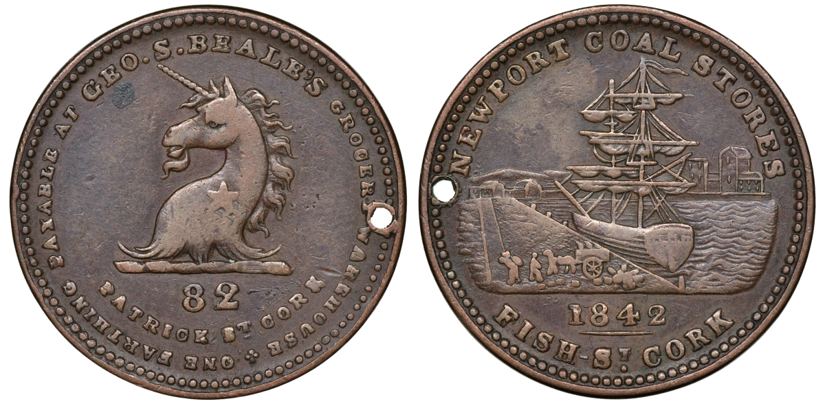 Корк (Ирландия) 1 фартинг 1842 предназначался для оплаты на морском складе GEO.S.BEALE, с подвестки медь 1531-1035