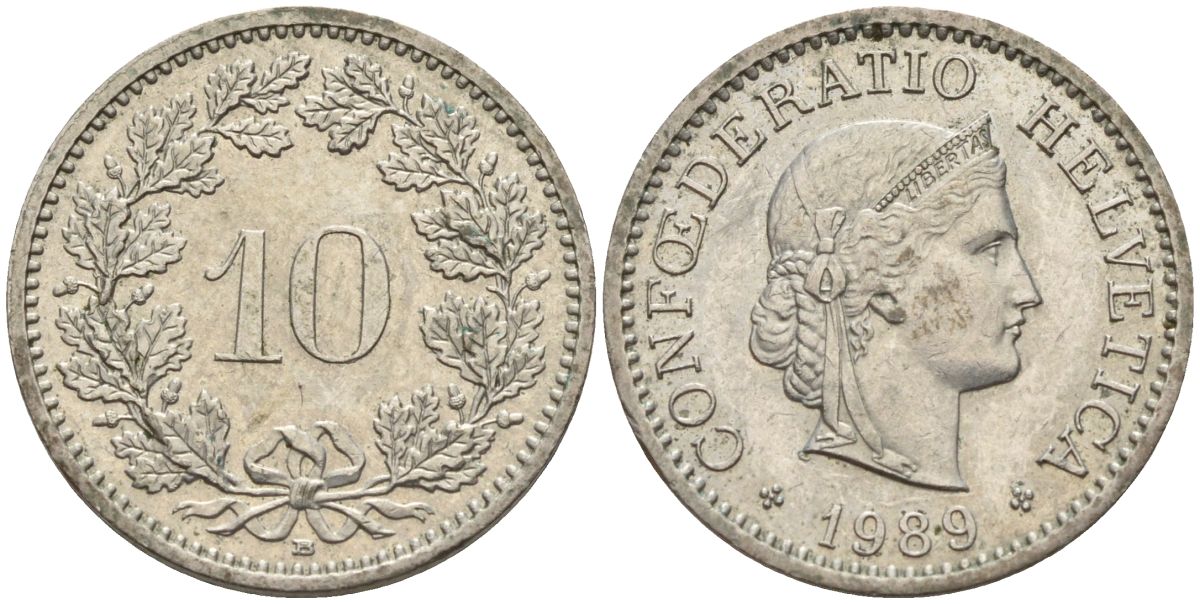 Швейцария 10 раппенов 1989 KM 27 медно-никель 4152-564
