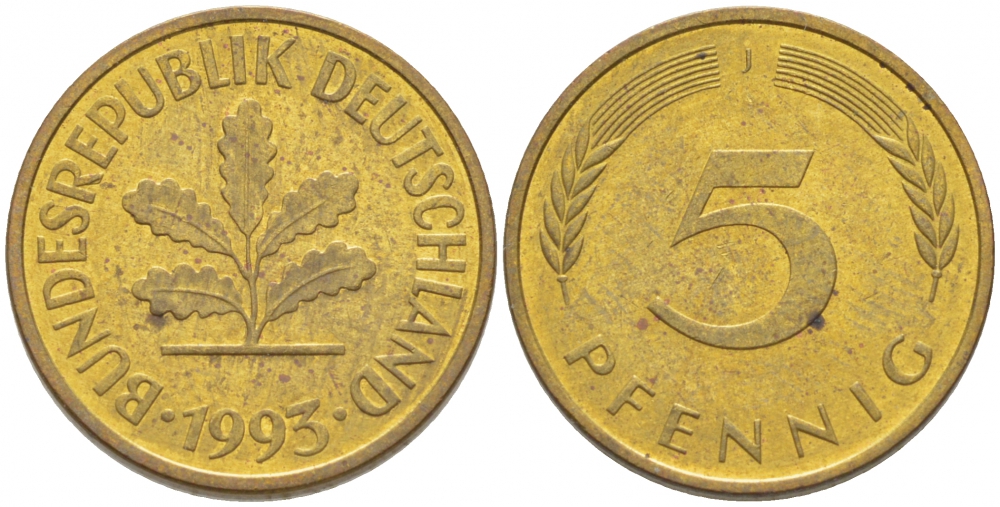 ФРГ 5 ПФЕННИГОВ 1993 J KM 107, J. 382 сталь плакированная латунью 4396-1657