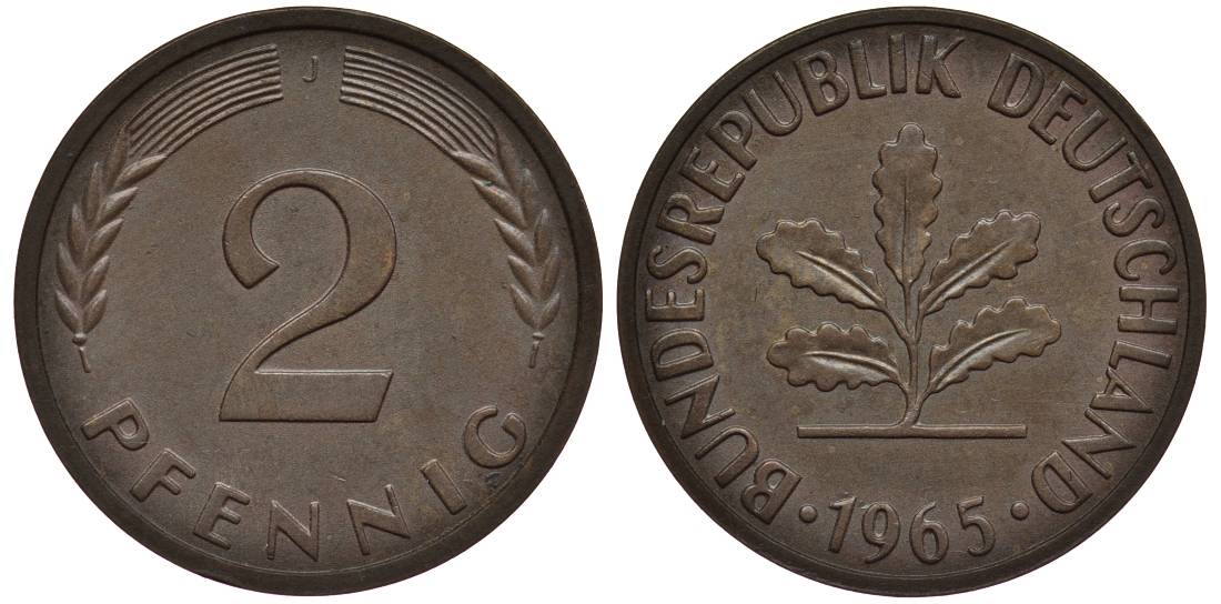 ФРГ 2 ПФЕННИГА 1965 J KM 106, Jager 381 бронза 4546-934