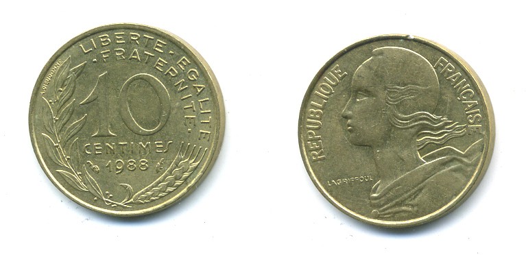 ФРАНЦИЯ 10 САНТИМОВ 1988 ТИП MARIANNE KM 929 медь алюминий никель 84-1636
