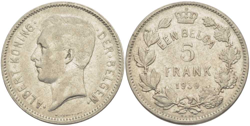 БЕЛЬГИЯ 5 ФРАНКОВ 1930 АЛЬБЕРТ I, DER BELGEN KM 98 никель 3851-315