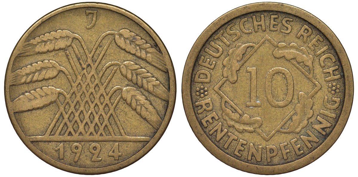 Германия 10 рентенпфеннигов 1924 J KM 33, J. 309, Weege 8 алюминиевая бронза 4163-223
