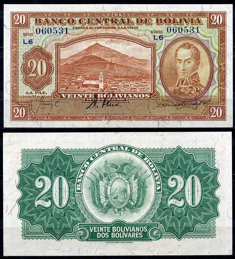 Боливия 20 боливиано 1928 серия L3, Симон Боливар Pick 131 (3) бумага UNC (пресс) 2196-41-3-1