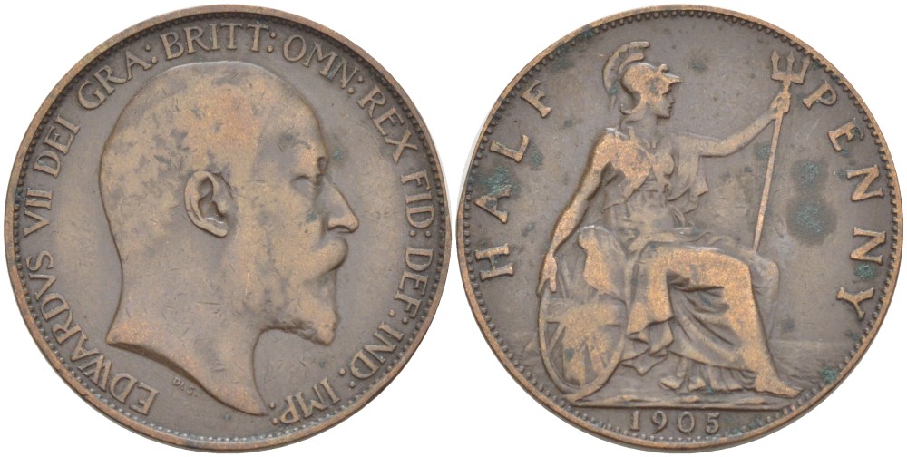 Великобритания 1/2 пенни 1905 Эдуард VII (1901-1910) KM 793.2, Spink 3991 бронза 176-254