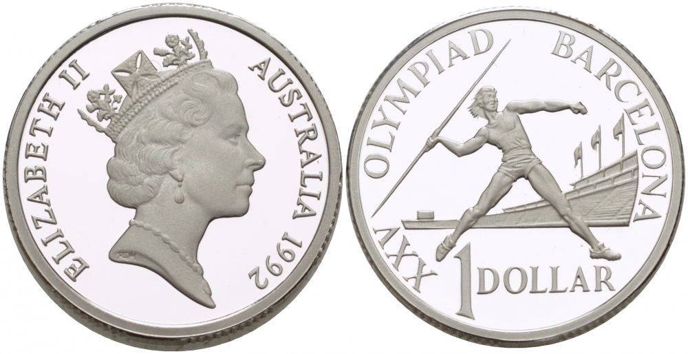 Австралия 1 доллар 1992 XXV Олимпийские игры 1992 года в Барселоне, копьеметательница, женский спорт KM 175a.1 серебро PROOF 272-521