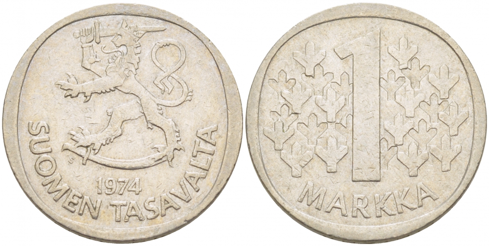 ФИНЛЯНДИЯ 1 МАРКА 1974 S KM 49а медно-никель 3718-1242