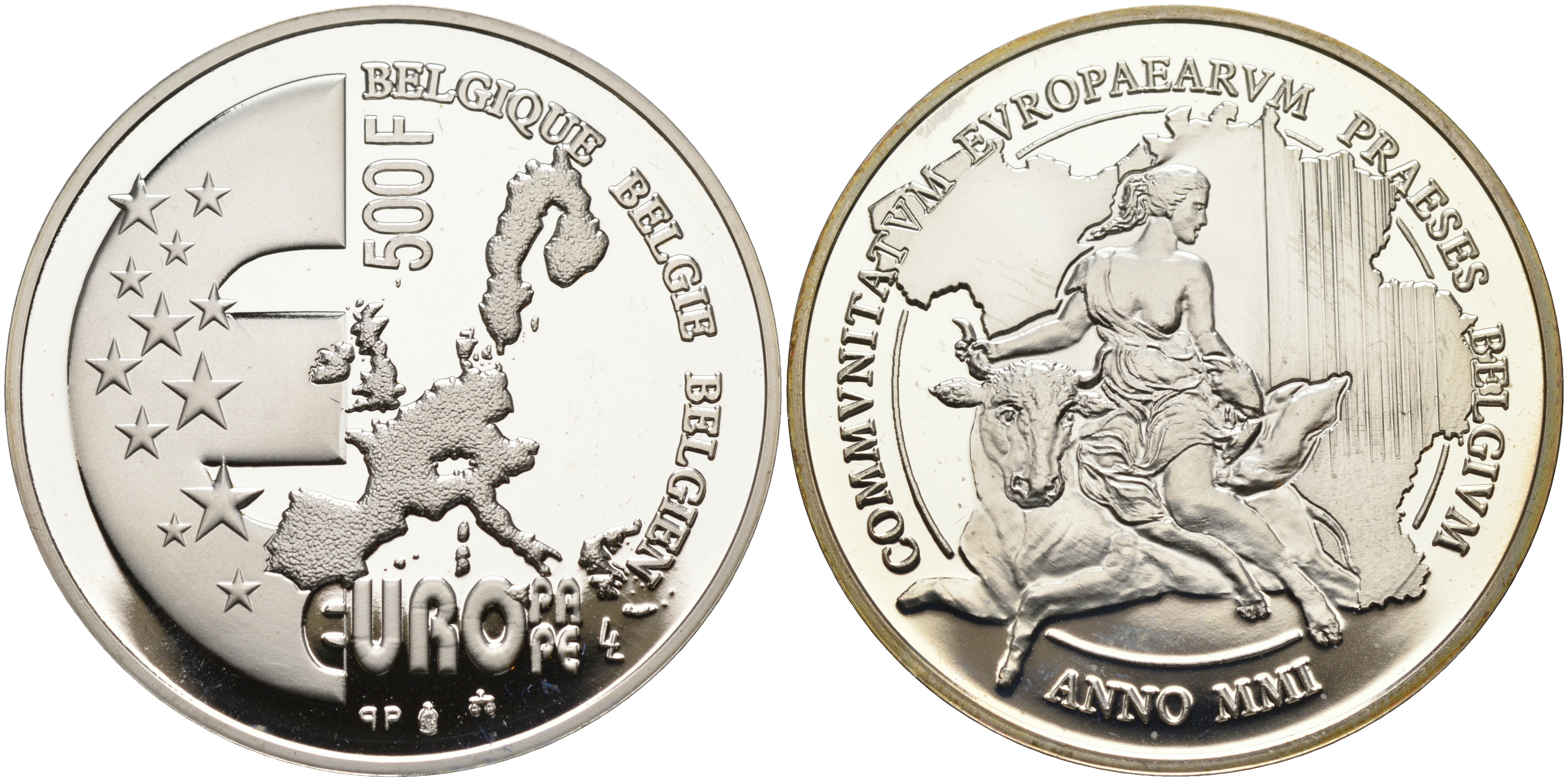 Бельгия 500 франков 2001 похищение Европы KM 222 серебро PROOF 01-167-34