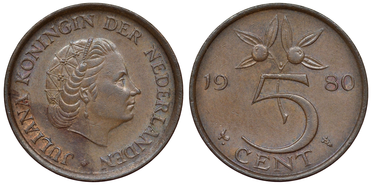 Нидерланды 5 центов 1980 Юлиана (1948-1980) KM 181 бронза 71-155